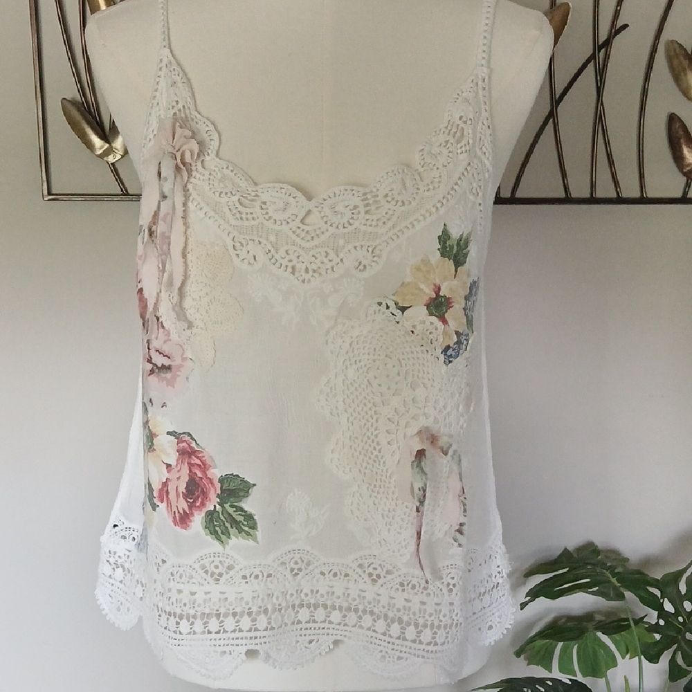 Upcycled Boho Cami with Floral Appliqués & Doilies – One of a Kind - Sz S